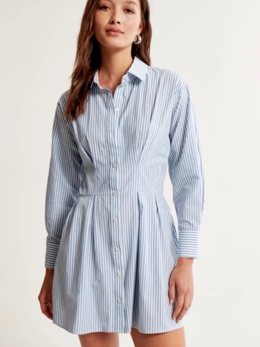 Abercrombie and Fitch Long Sleeve Pleated Blue White Striped Shirt Dress - Large